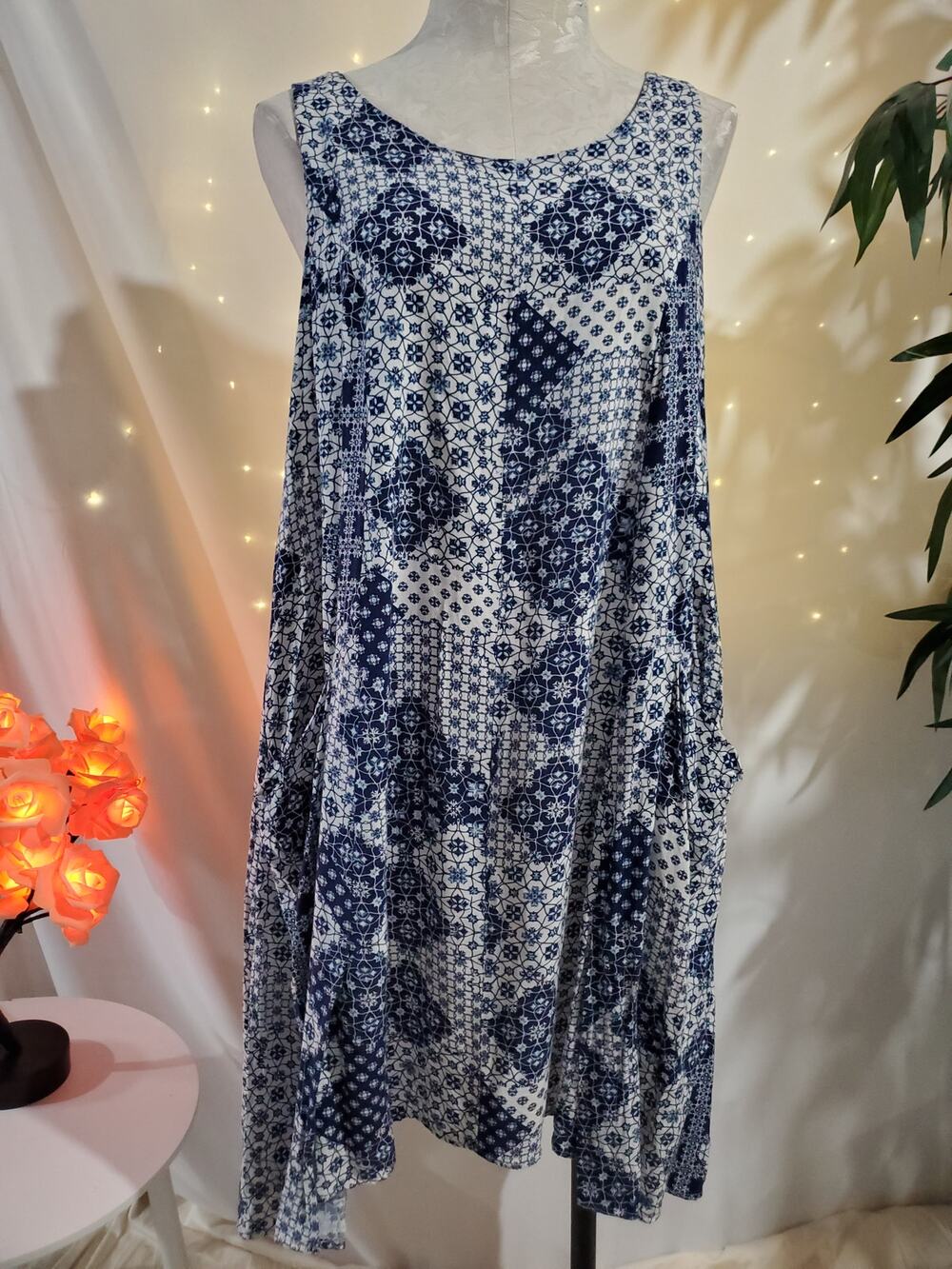 Nanette Lepore Blue Floral Patchwork Sleeveless Dress Womens Size 8 Boho Flowy